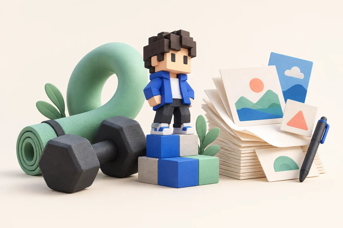 Illustration of exercise gear, a block character and creative tools